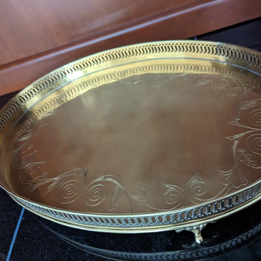 Ethan Allen vintage brass oval tray with legs
